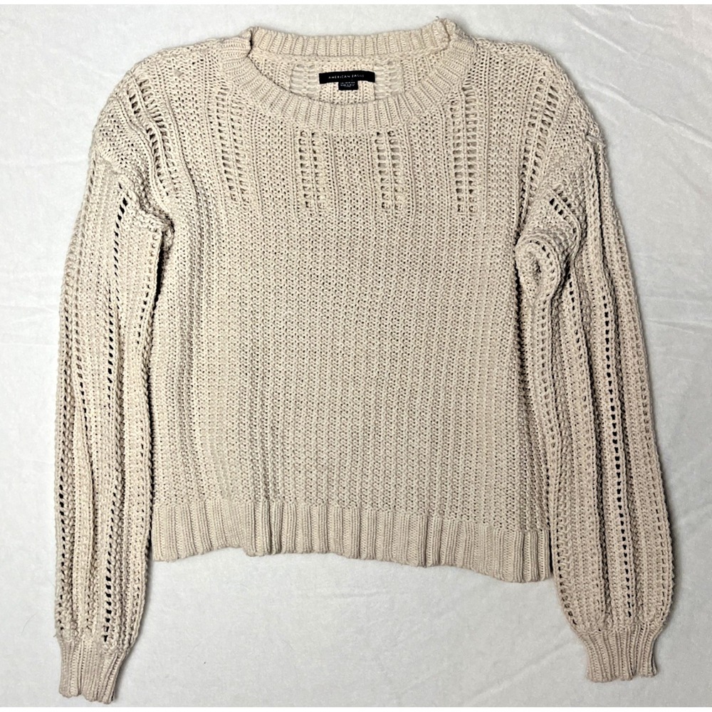 American Eagle Sweater Tan Beige Open Weave Knit Top Size Extra Small - Picture 16 of 16